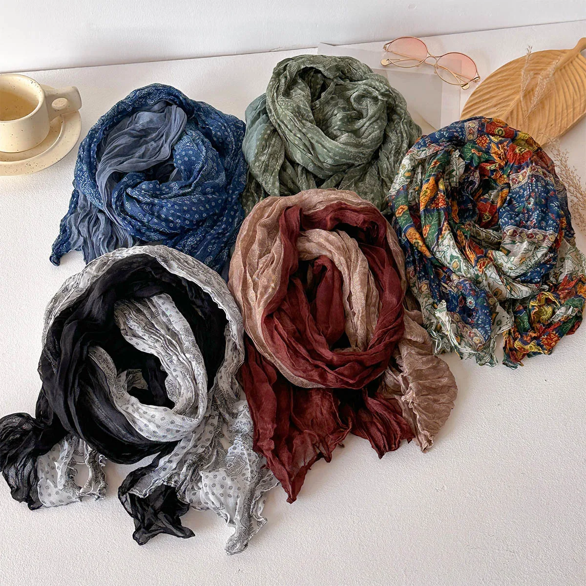 Lightweight Crinkled Cotton Linen Blend Long Scarf Women Gradient Ombre Paisley Motif Bali Voile Texture Large Neck Wrap Shawl