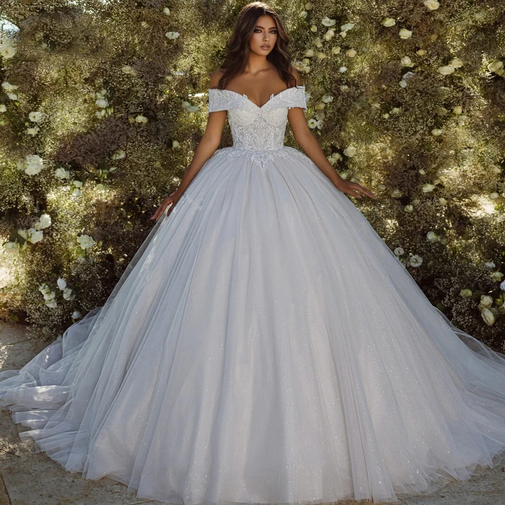 

Elegant Princess Ball Gown Wedding Dresses With Beading Appliques Lace Off Shoulder Floor Length For Brides