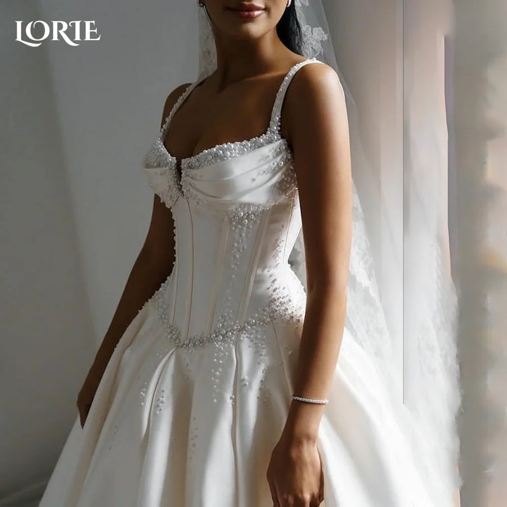 

LORIE Elegant Satin Wedding Dresses A-Line Beach Pearls Bridal Gown Spaghetti Straps Ruffle V Corset Customized Ball Bride Dress