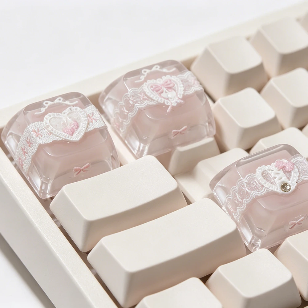 4pcs Sweet Korean Style Keycaps Set Pink Lace Heart Bow Resin Keycaps for Mechanical Keyboard Cherry MX Switch ESC Arrow Keycaps