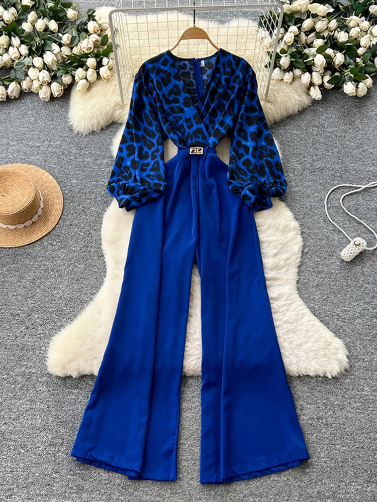 ربيع الخريف جديد الأوروبية الأمريكية ليوبارد طباعة بذلة المرأة فقاعة الأكمام عبر طوق واسعة الساق السراويل فضفاضة C392 #4