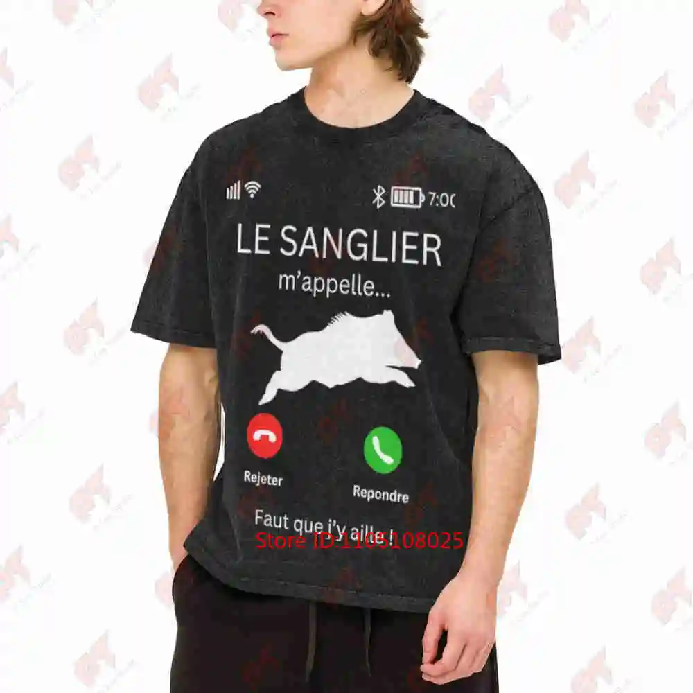 Hunting Wild Boar French Phrases Outdoorsmen Vintage Washed Tee Pure Cotton T-Shirt