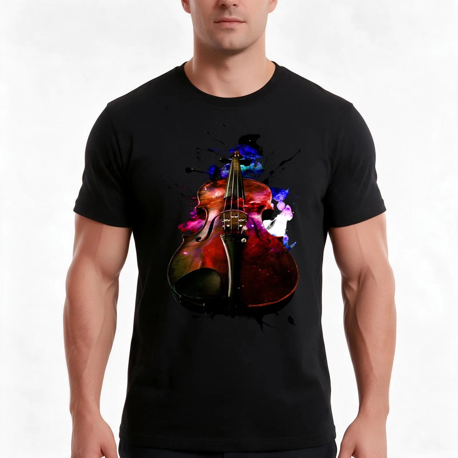 violin nebula T-Shirt, Summer Casual Cotton Tee, Oversized Streetwear Tops, Vintage Graphic Print, Loose Fit Short Sleeve