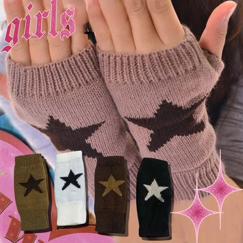 Y2K Fashion Pentagram Knitted Woolen Gloves for Men Women Autumn and Winter Warmer Star Arm Fingerless Touchable Screen Mitts