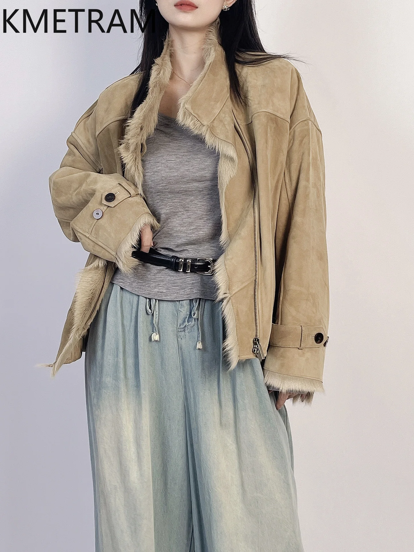 معطف KMETRAM من جلد الماعز الطبيعي مع معطف مرفق من الصوف سترة قصيرة غير رسمية من الفرو الحقيقي ملابس نسائية شتوية جديدة في معاطف شبابية نسائية #3