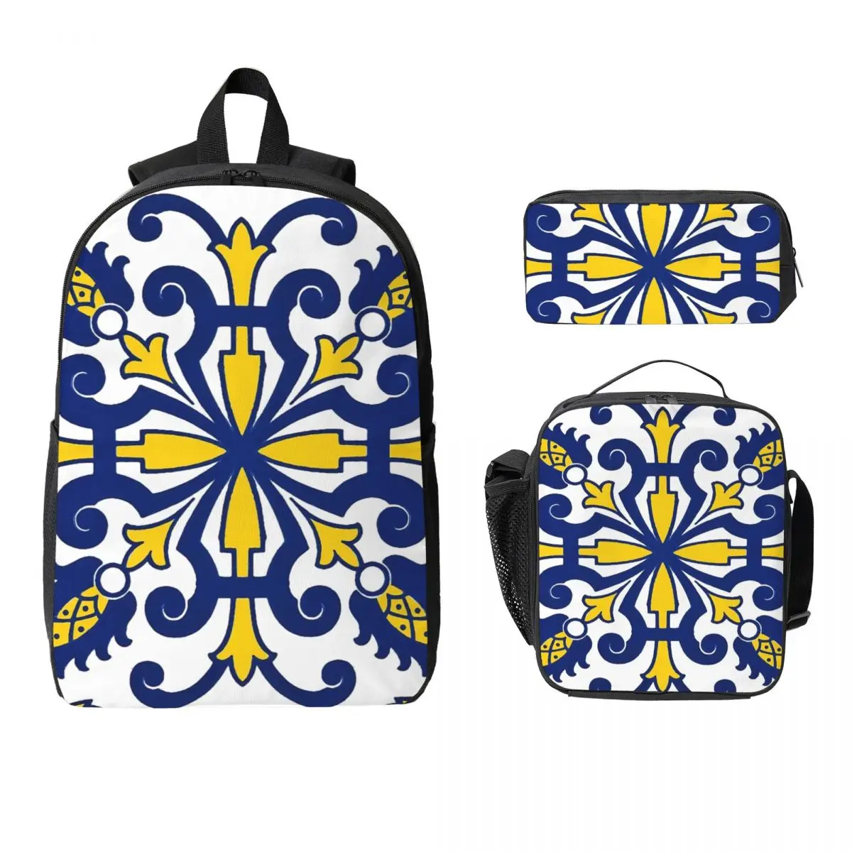 

Traditional Nikea Moroccan Moors Portuguese Tiles Backpack Boys Girls BookBag School Bag 3ps Insulated Lunch Bag Pencil Case