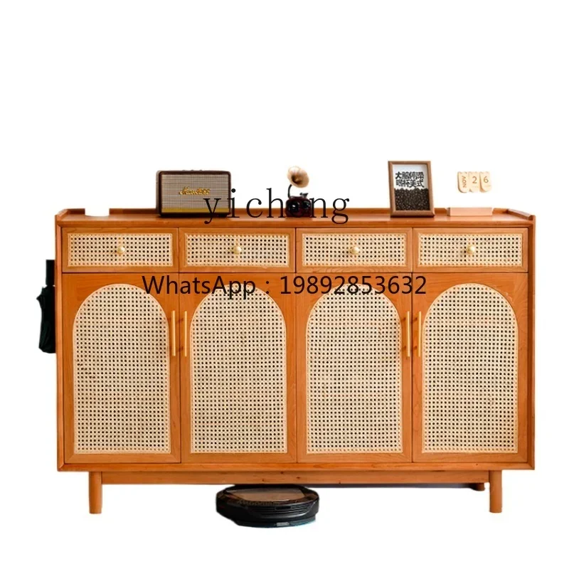 b9.21-Furniture Solid Wood Shoe Cabinet Home Doorway Rattan Hallway Cherrywood Storage Hallway