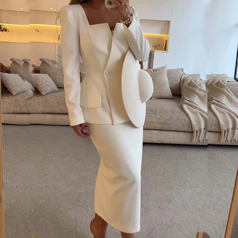 Women Chic Double Breasted Jacket Work Outfit New Solid 2Pcs Suit 2024 Elegant Square Collar Long Sleeve Blazer&Long Skirts Suit