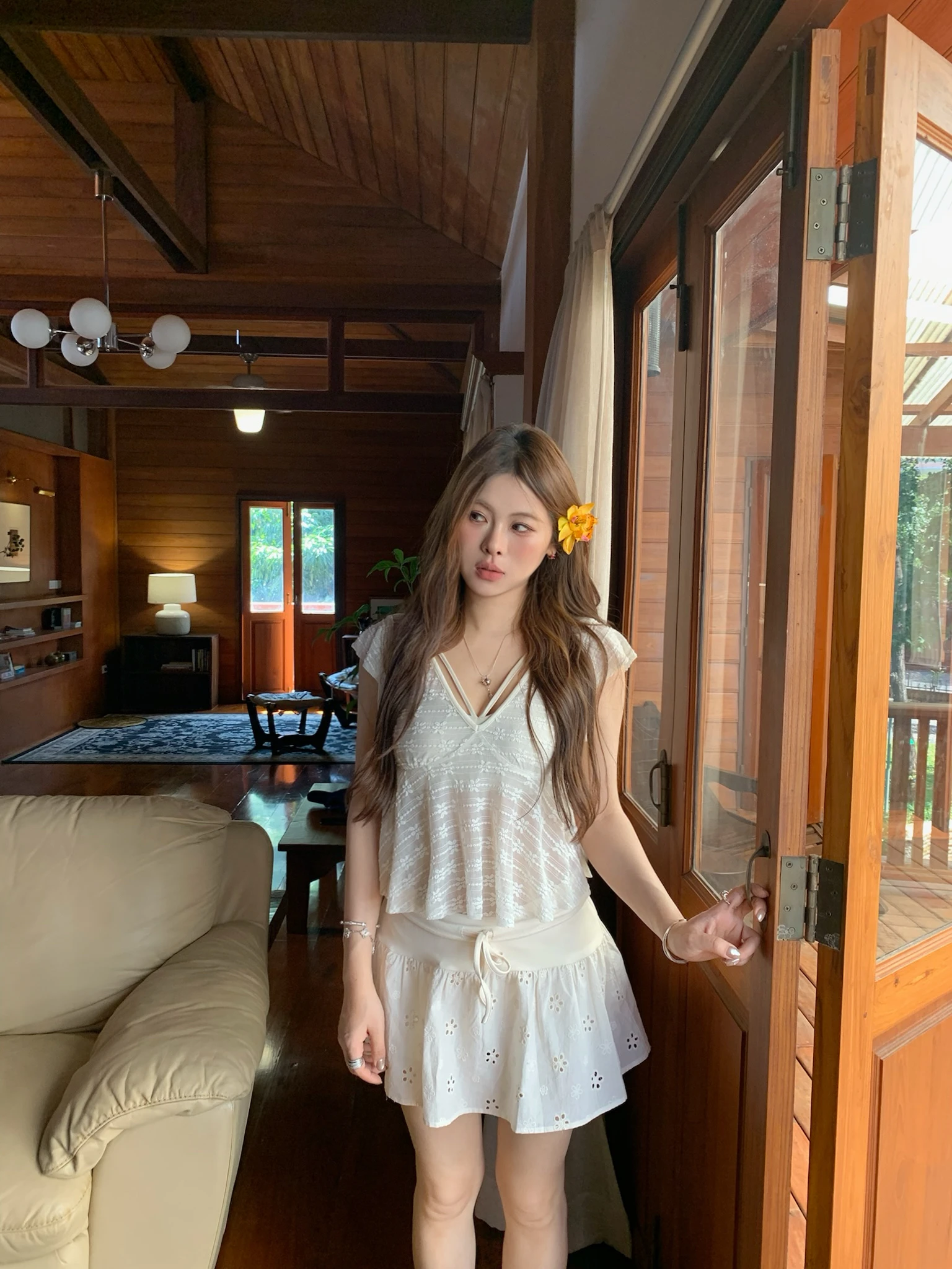 

Athome Sun Moon Airy Lace Halter Hollow out Semi-Transparent Skirt Set Women's Summer Fashion Breathable See-through Ensemble