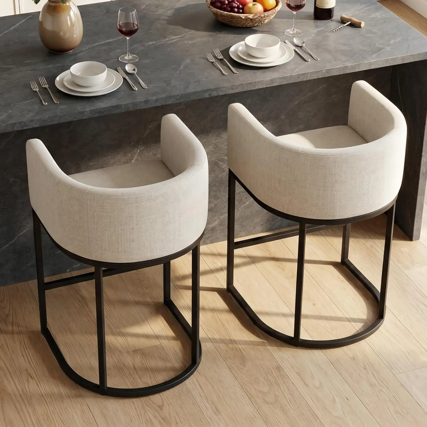 Counter Height Bar Stools Set of 2, 24 Inch Seat Height Barstools， Metal Legs, Beige