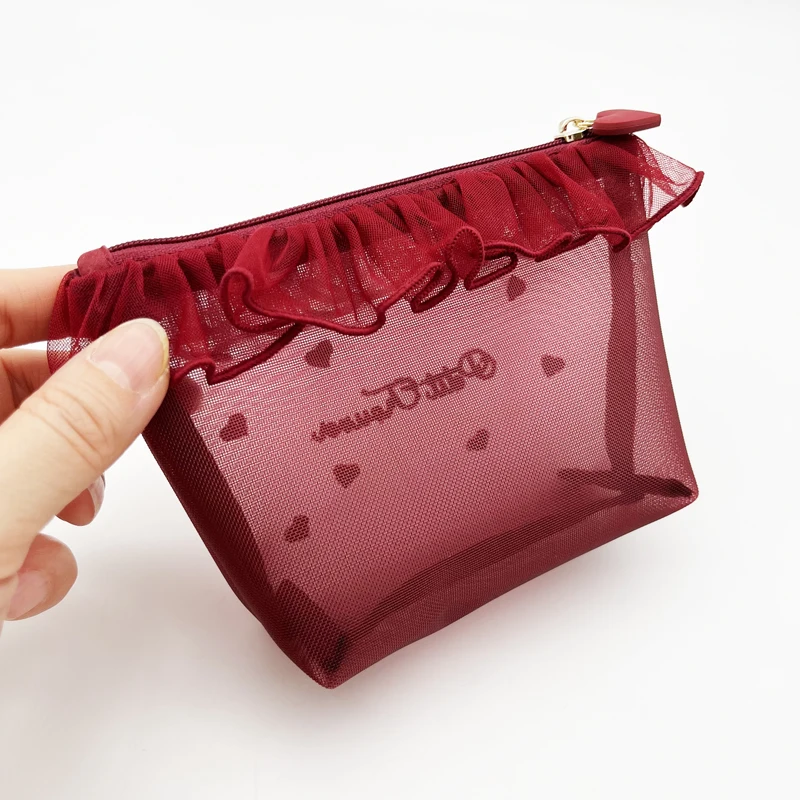 Japanese Style Mesh Cosmetic Bag Love Embroidered Lace Bucket Boat-Shaped Tissue Bag Makeup Storage Bag for Girls Women