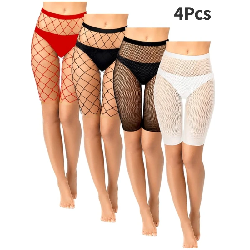 4 Pcs Fishnet Shorts High Waisted Mesh Short Leggings See Through Tights Cover up Short Pantyhose underwear for Women Lady