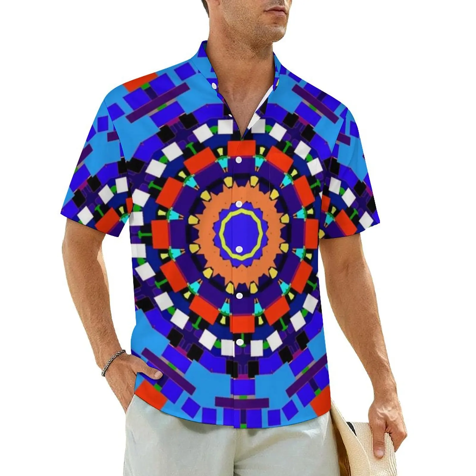 

Hawaii Shirt Beach Bright Mandala Blue Red Blouses Abstract Geometric Mandalas Art Vintage Casual Shirts Man Plus Size Clothing