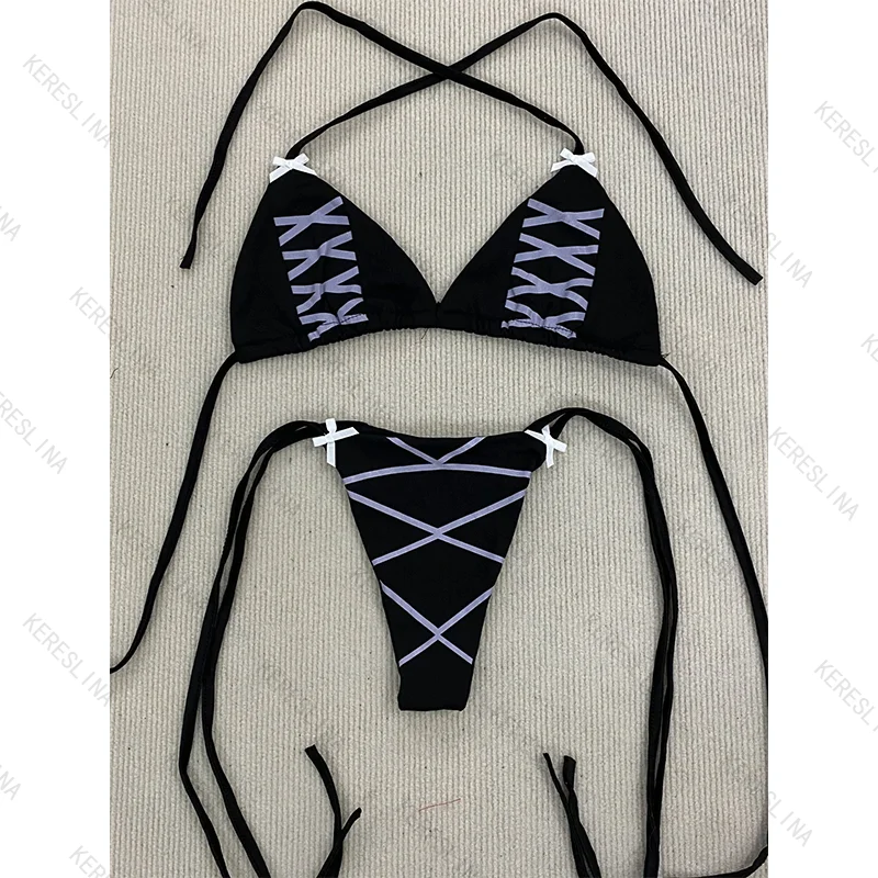 Sweet Cute bowkont Sexy Summer Spicy Girl Style Hanging Neck Strap European American Vintage Trendy Fashion Versatile Bikini Set