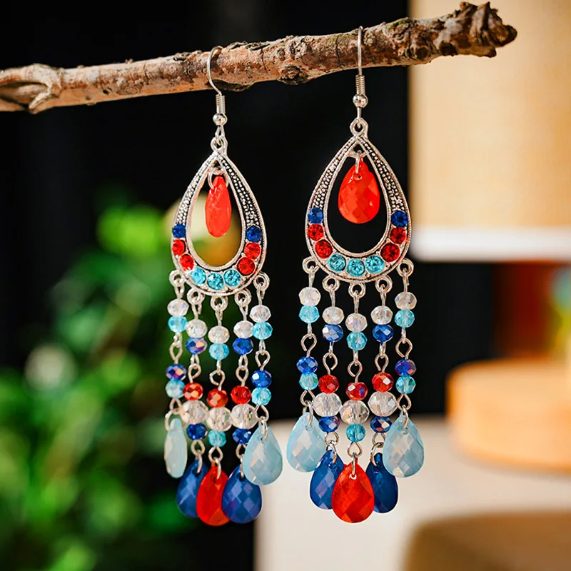 Vintage Bohemian Crystal Water Drop Earrings for Women Elegant Long Silver Color Vacation Style Earring Party Daily Jewelry