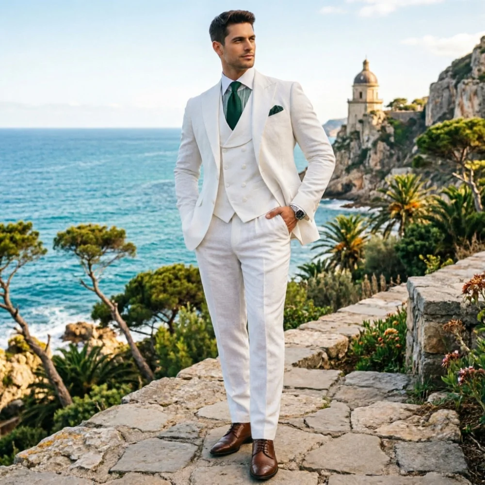 White Linen Wedding Suits Men Suits 3 Pieces Fashionable Business Casual Wear Luxury Groomsmen Attire Holiday Travel Outfit 2026
