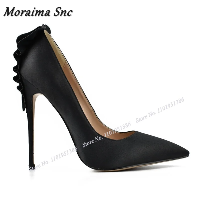 

Moraima Snc Black Pleated Decor Stiletto Pumps For Women Silk Shallow Shoes Pointed Toe Slip on Heels Wedding Zapatillas Mujer