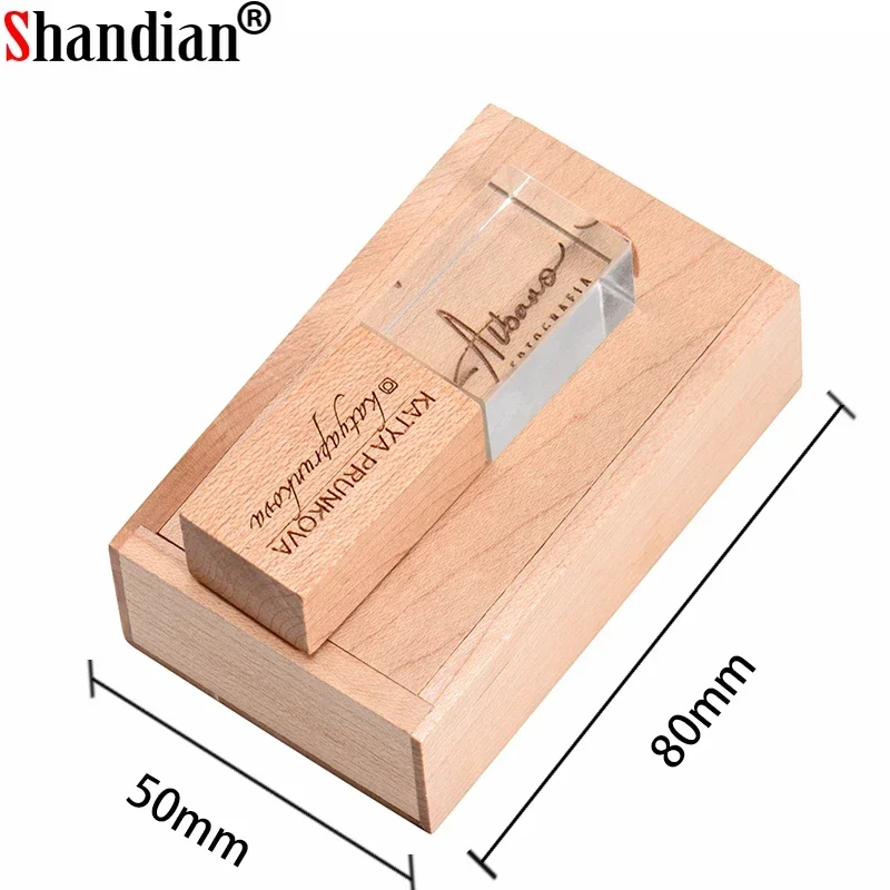 SHANDIAN Crystal Wooden USB 2.0 Flash Drive Pen Drive U Disk Memory Stick Pendrive 8GB 16GB 32GB 64GB Wedding Gift Thumb Drive