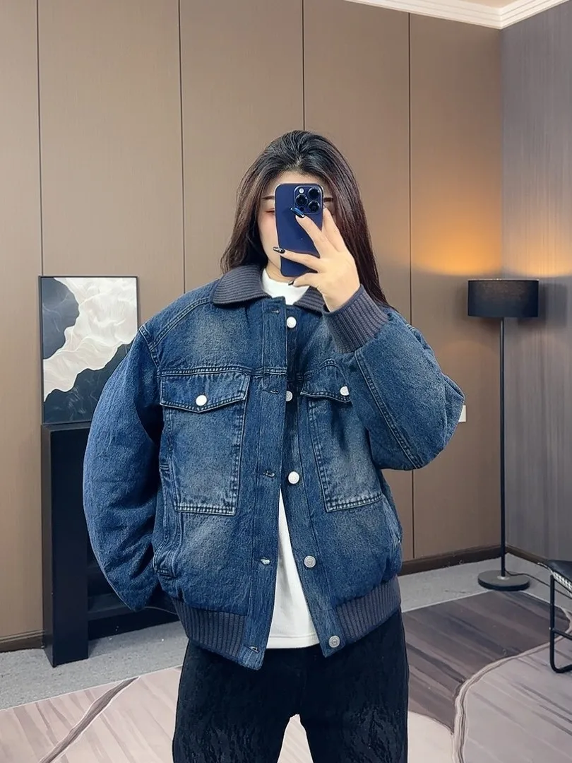 

Мужская зимняя куртка с вязаным воротником и джинсовыми вставками, утепленная пухом, белая, теплая, модная, премиум-класса