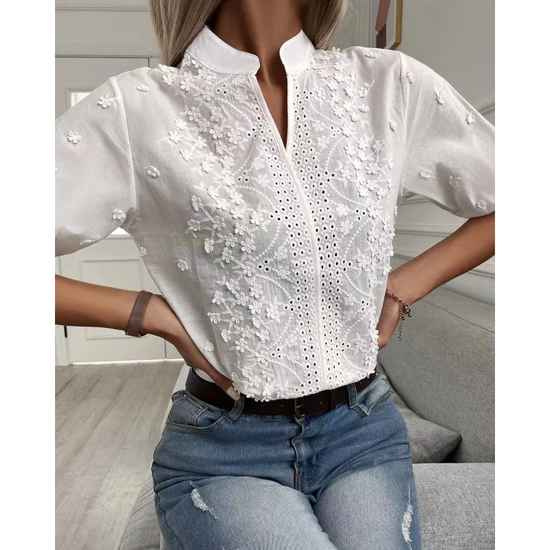 

Summer Women Casual Chic Blouses V Neck Hollow Out Floral Pattern Eyelet Embroidery Half Sleeve Daily Wear Top hazbin hotel