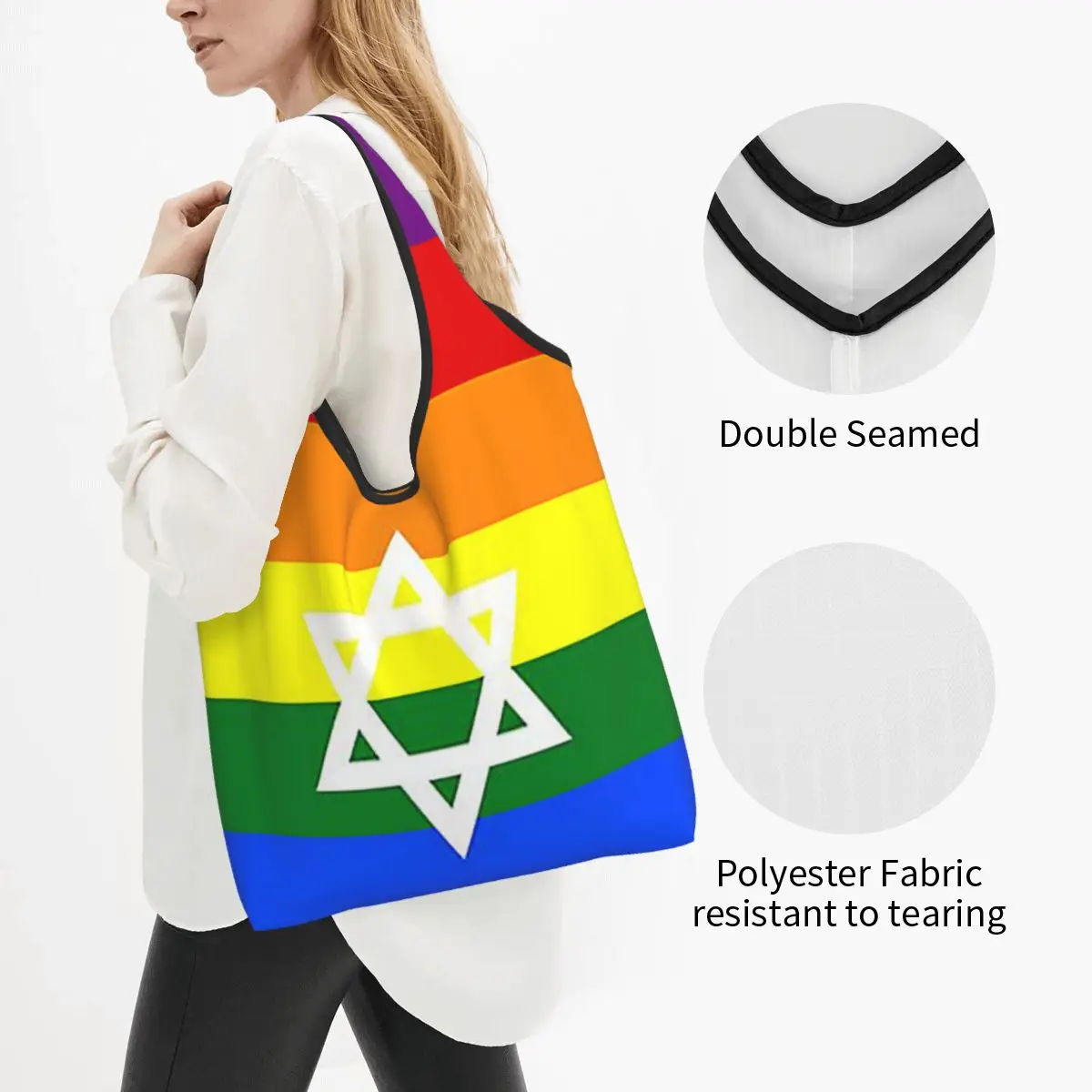 Gay Pride Israel Flag Portable Tote Shopping Bags Reusable Shopper Bag Grocery Handbag Shoulder Bag