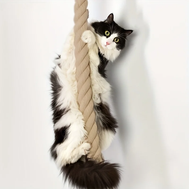 An der Wand montierter Katzenkratzer – dickes Juteseil, langlebiger Kletterturm für Hauskatzen. Interaktives Katzenspielzeug | Hängende Katzenleiter – Detail 1