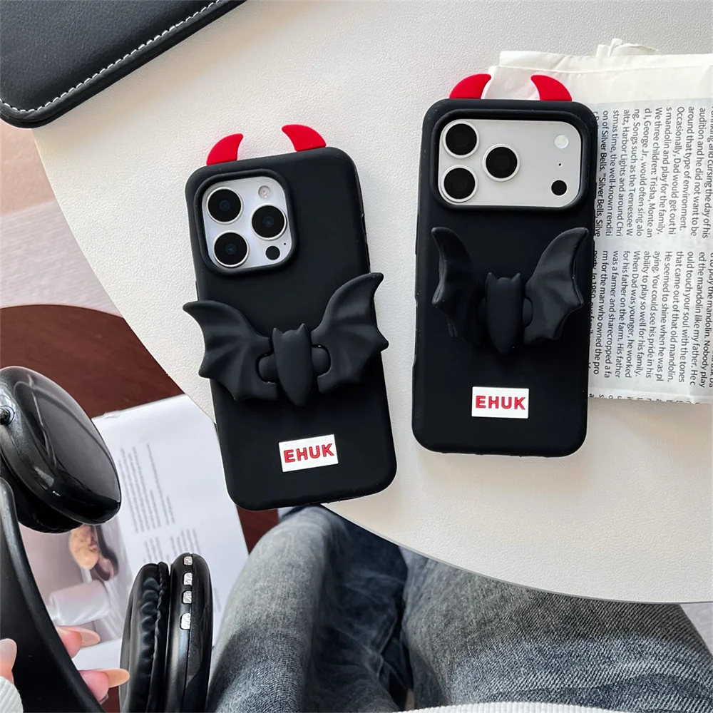 Cool Y2K Red Devil Horn Bat Wings Stand Phone Case for 17 Pro Max Gothic Soft Silicone Protective Cover for iPhone 16 15 14 13