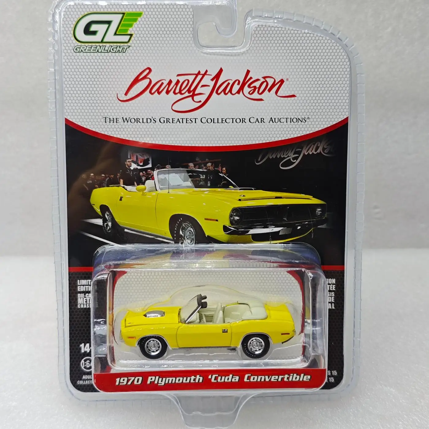 

Green Light 1:64 Barrett-Jackson Collection #15 1970 Plymouth Cuda Convertible 37320-E Diecast Alloy Car Model Collectible