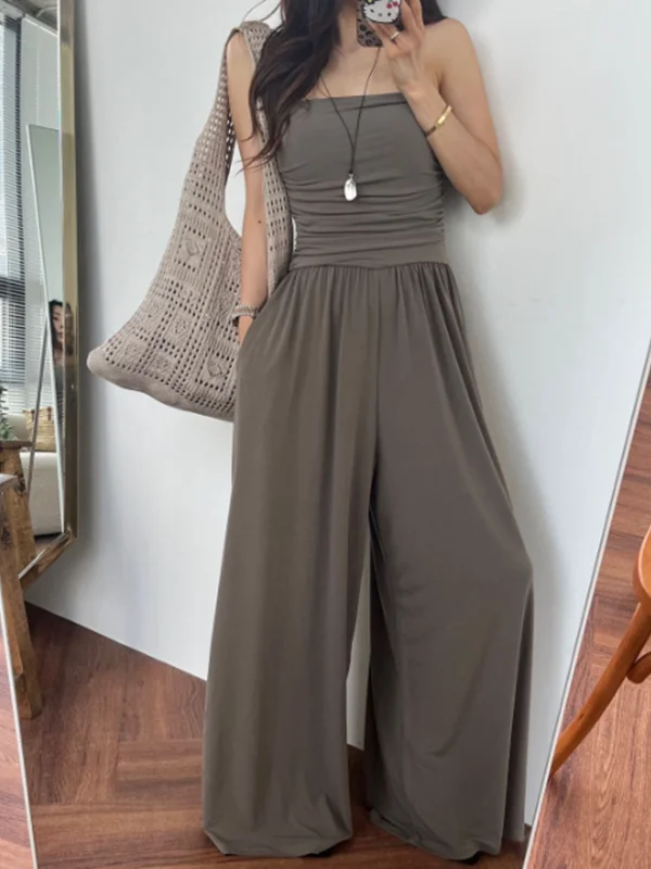 Sexy Chic Fashion Strapless Shoulder Bared Waist Cinched Wide Leg Pants Women Pure Desire Style Figure Revealing  Pants