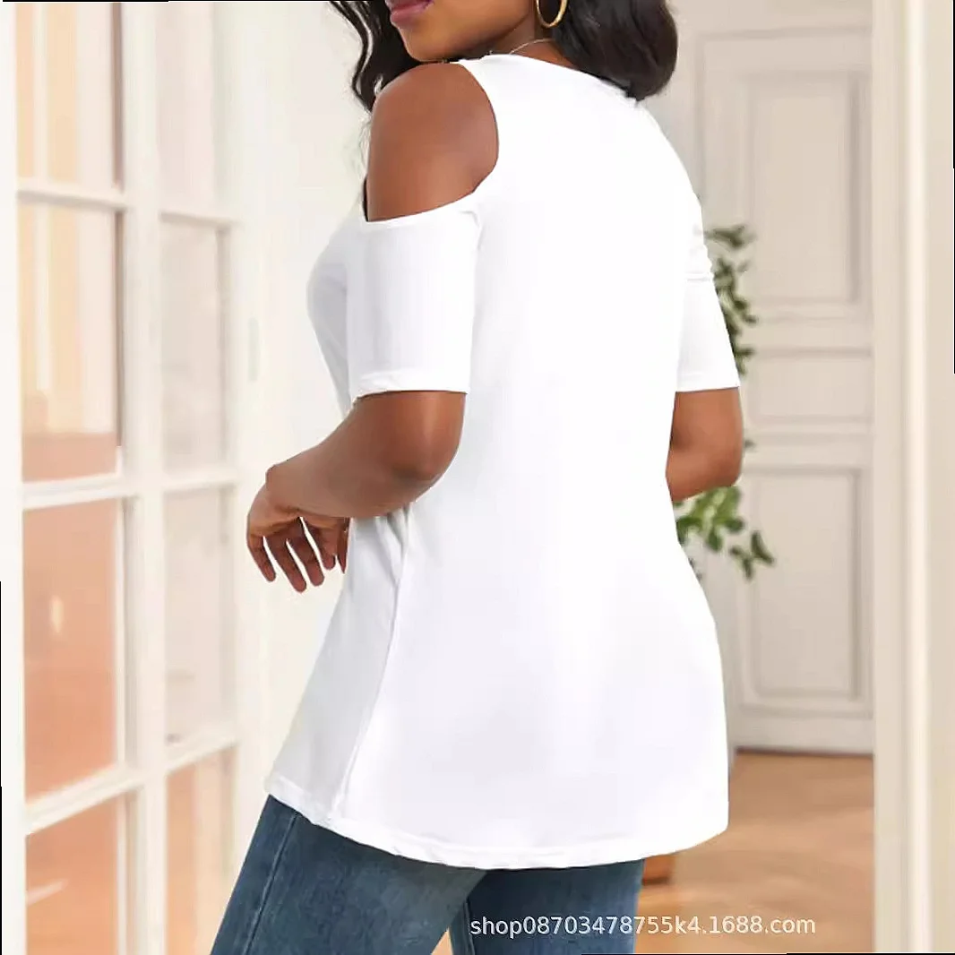 Women T Shirt Contrast Lace Cold Shoulder Tee Tops Deep V Neck Short Sleeve Slim Fit Blouse Top Spring Summer