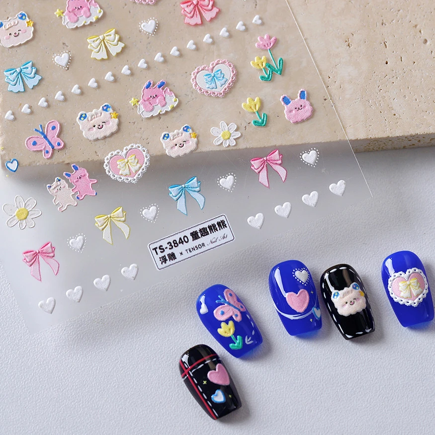 Rabbit Bear Bunny Bowknot Love Heart Flower Childhood Butterfly Self Adhesive Nail Art Stickers Shiny Embossment Manicure Decals