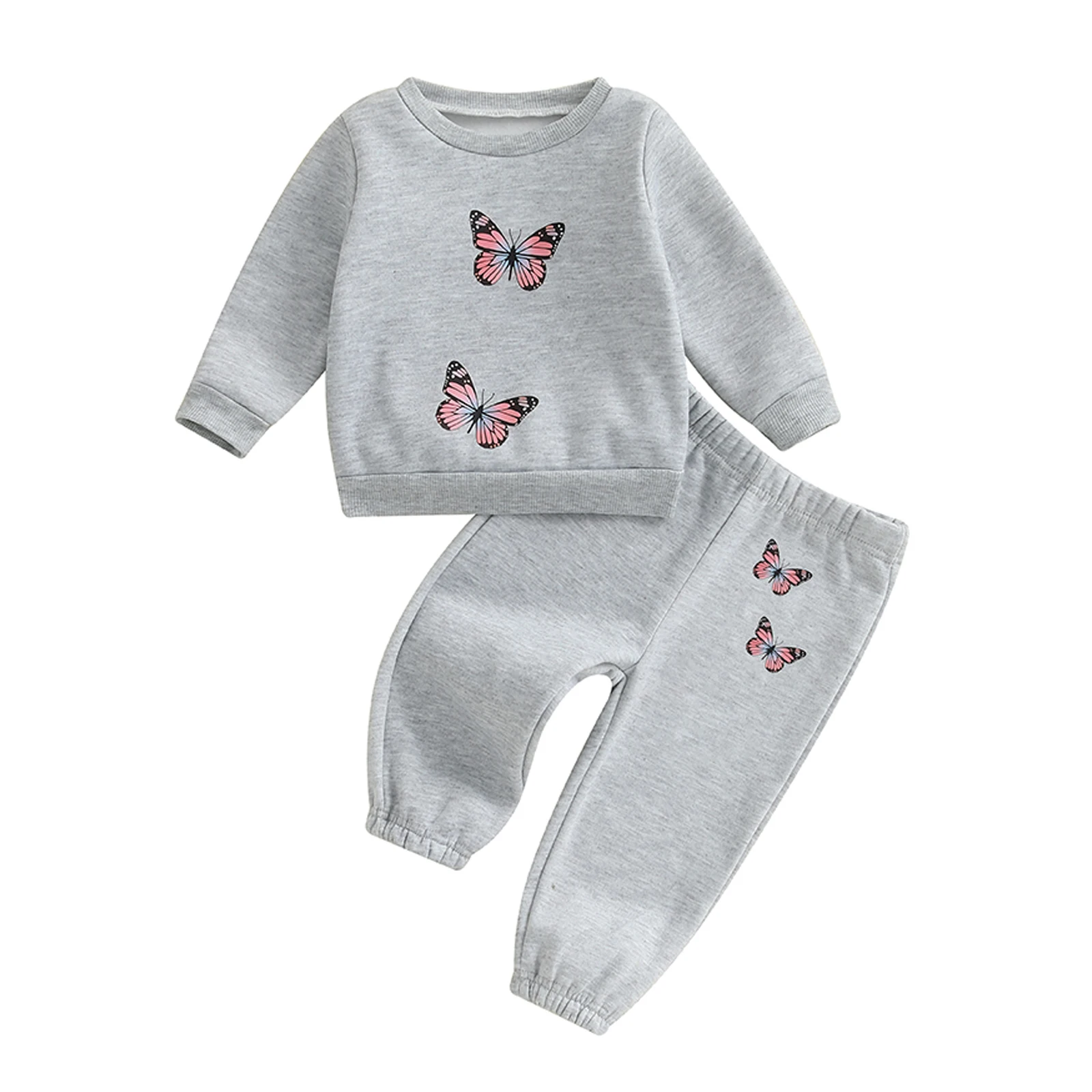 

0-3Y Baby Girl 2Pcs Fall Outfits Long Sleeve Butterfly Print Sweatshirt + Pants + Headband Set Toddler Clothes