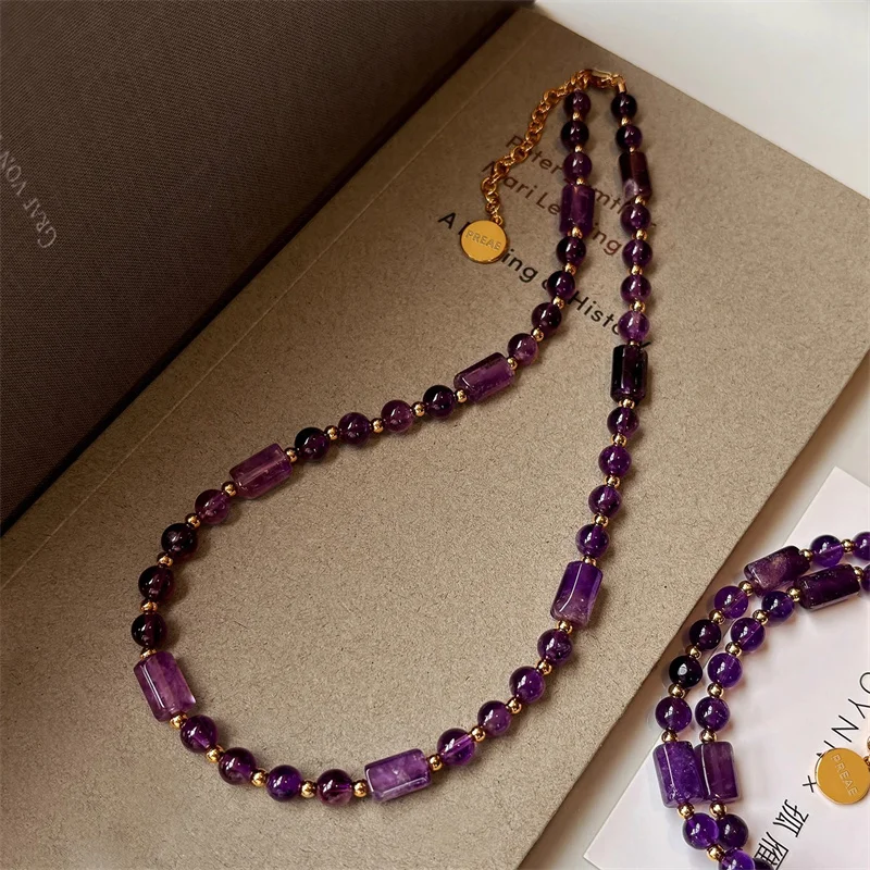 Vintage Natural Uruguayan Amethyst Bead Necklace for Women Fashion Layering Exquisite Purple All-match Collarbone Chain