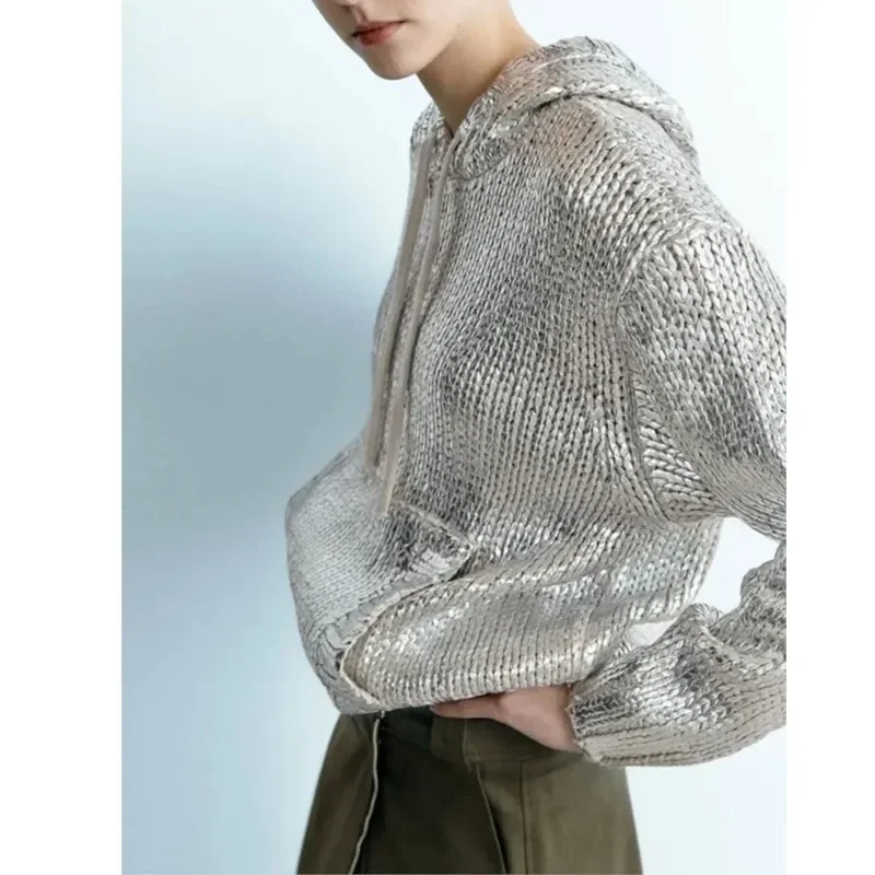 2025 Spring Women's Sweater Pullover New Fashion Silver Loose Hoodie Long Sleeve Knitted Pullover Women's Clothing