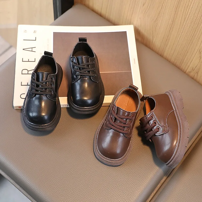 Spring Autumn Boys Girls Soft-soled PU Leather Shoes Children Lace-up and Buckle School Etiquette Shoes Kids Stage Casual Shoes