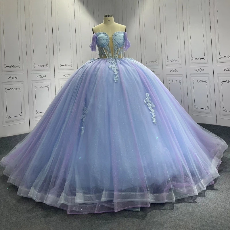 

Lilac Sky Blue Glitter Ball Gowns Quinceanera Dresses Off Shoulder Applique Lace Beads Tull Birthday Party Vestidos De Xv Años