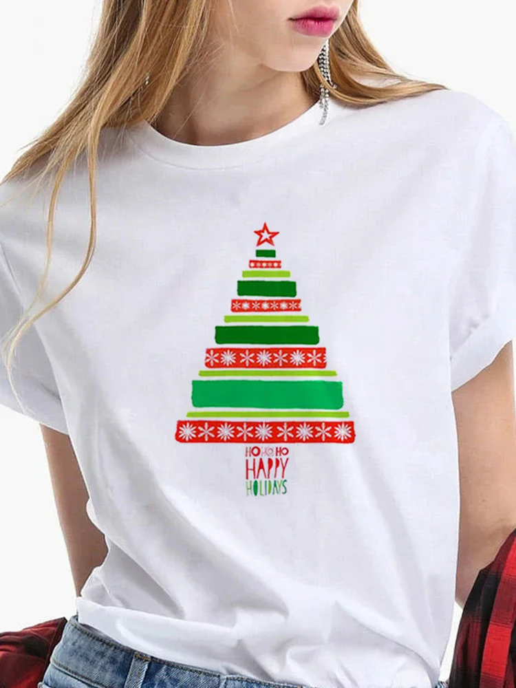 

Christmas Deer Santa Clothes Winter Women Fashion Print Casual Women T-Shirt Harajuku Streetwear T Shirt White Short-Sleeved Top