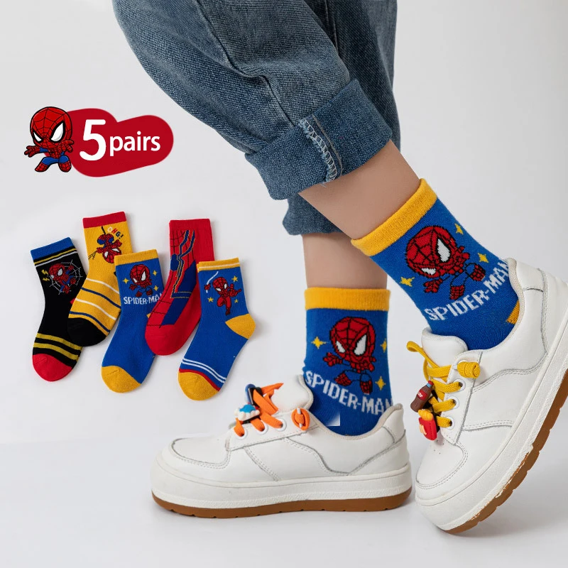 5Pair/bag New Children Cute SpiderMan Cartoon Soft Socks Kids Fashion Medium tube socks Boys Girls cotton socks  1-12Years