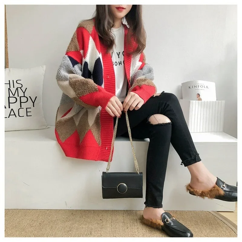 

Argyle Cardigans Oversized Knitted Cardigan Women 2024 Korean Fashion Elegant Casual Plaid V-Neck Sweater Women's Knit Jacket