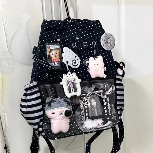 Imagen 1 del producto Mochila con cordón de lunares, bolso de hombro de capa transparente de gran capacidad, bolso cruzado de viaje diario para mujer estilo Anime bonito