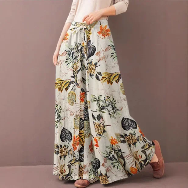 Elastic Waist Casual Floral Printing Trousers For Women Bell Bottoms Fashionable Waistband Adjustable Loose Fit Long Pants