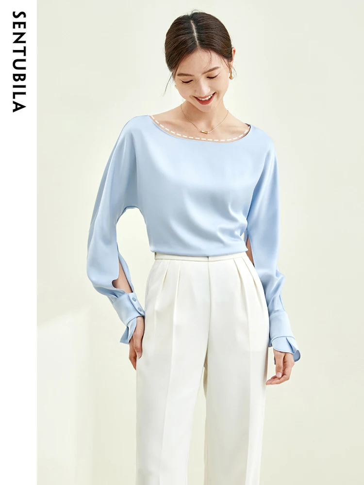 SENTUBILA Elegant Tops and Blouses Women 2024 Spring New Fashion Fake Acetate Satin Pullover Cut Out Long Sleeve Top M33C50233