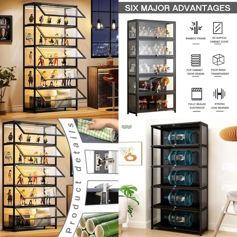 

5-Tier Bamboo Display Case with Acrylic Glass Doors for Collectible Figures and Curios