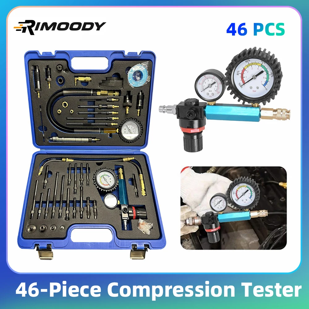 Rimoody 46-teiliges Kompressionstester-Lecktest-Set, Druckverlust-Tester, Motortester für Diesel-Benzin-Autos für BMW, Ford, Fiat