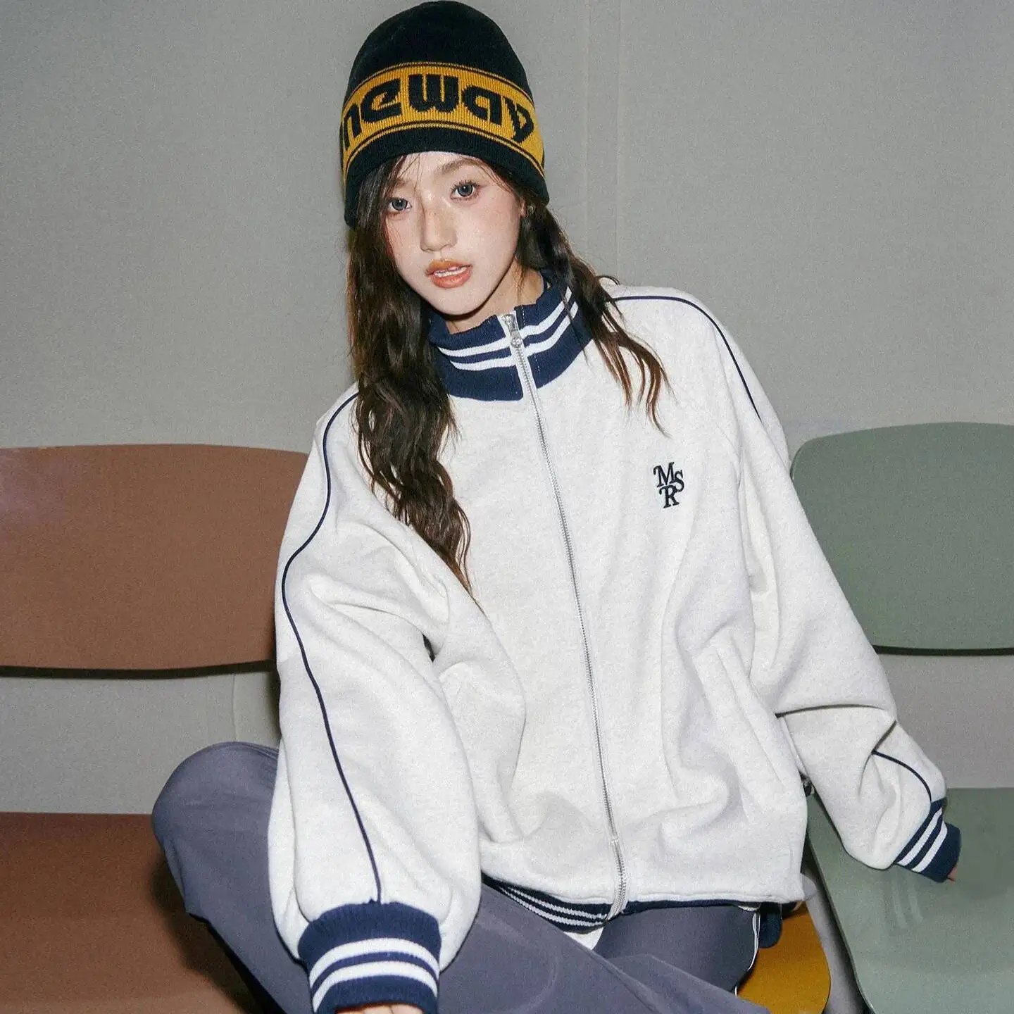Unsiex Baseball Uniform Coat Grey Stand Collar Baseball Jacket For Women & Men Retro Sweatshirt Style Casual Lazy Outerwear