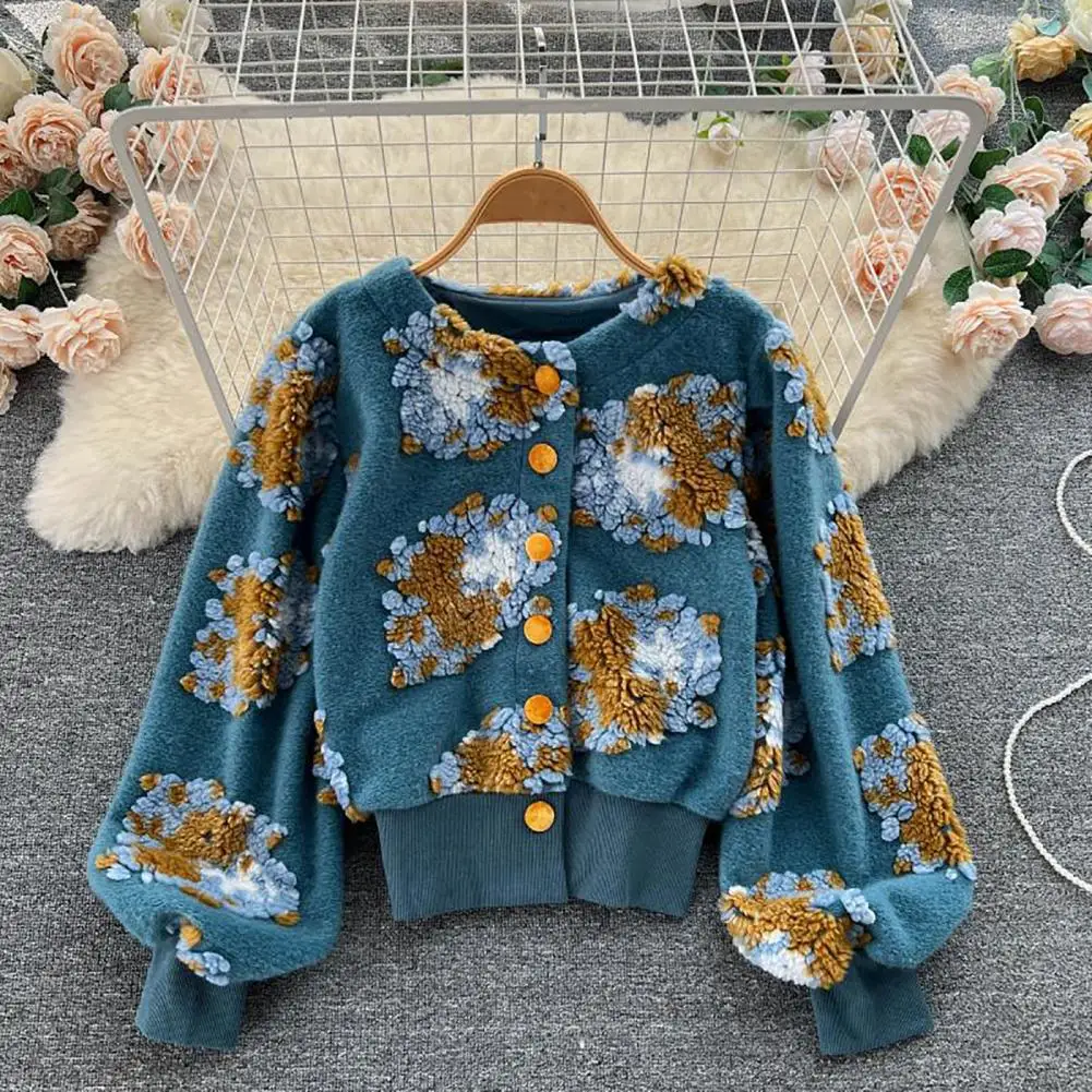 Women Coat Cardigan Single-breasted Long Sleeve Flower Elegant Warm Elastic Cuff Vintage French Style Winter Coat Female Clothes