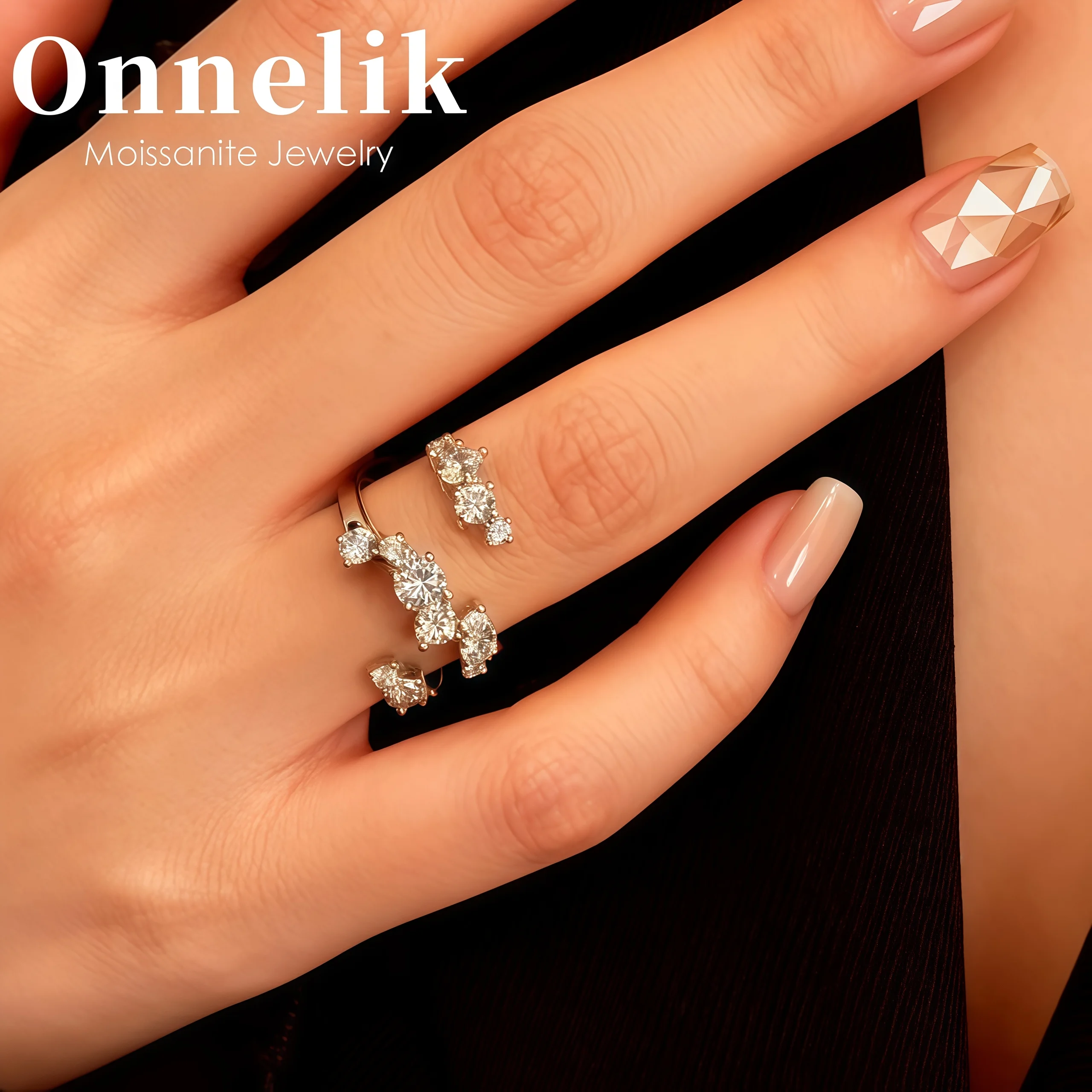 

Onnelik Adjustable Open Moissanite Ring Stacking Sparking Diamond Design Minimalist Couple Bands Birthday Wedding Gift for Women