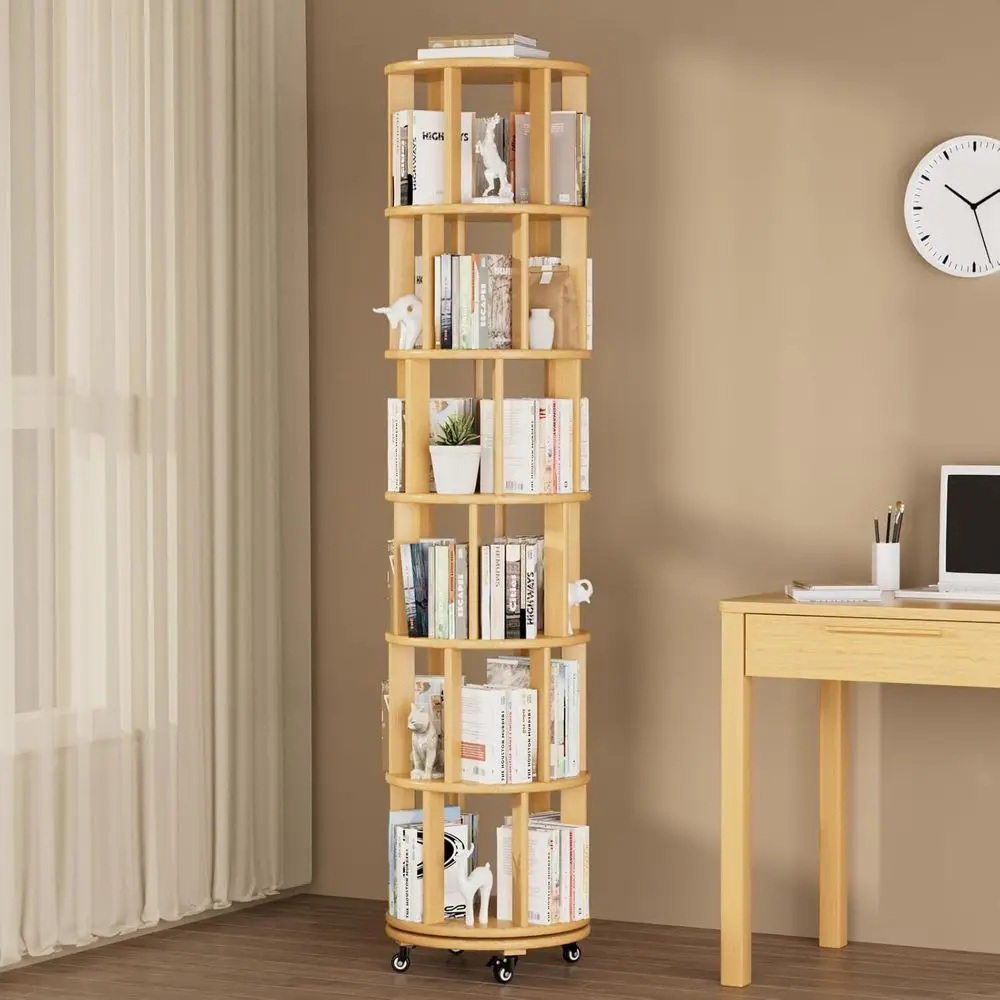 

6-Tier Wooden 360° Spinning Bookshelf for Kids & Adults - Ideal for Home, Office, Bedroom