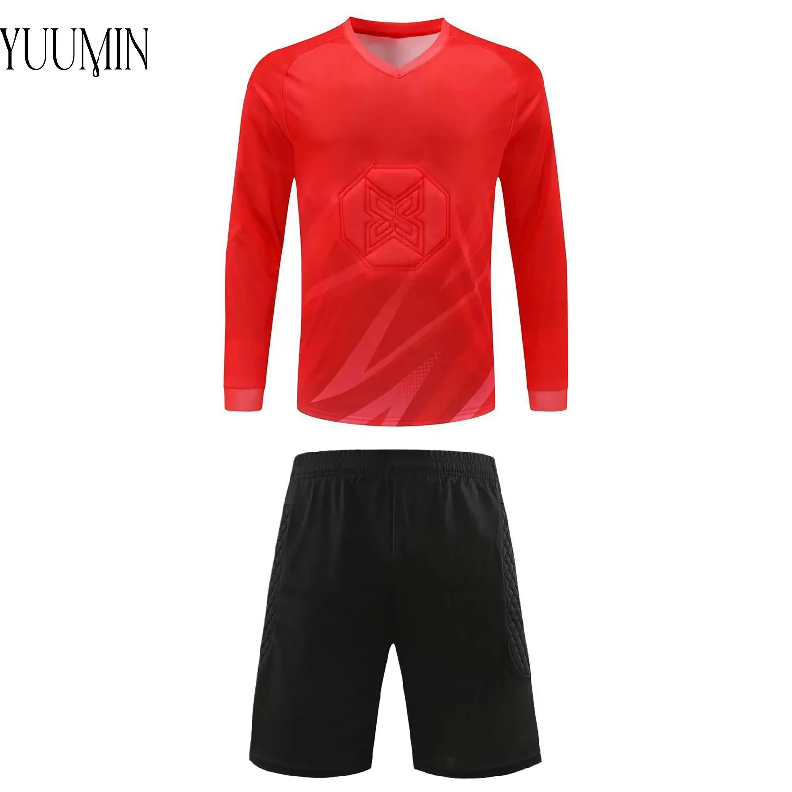 

Mens Football Goalkeeper Uniform Protection Padded Goalie Outfits Long Sleeve T-shirt+Shorts 2-piece Gym Cycling Sportswear Sets
