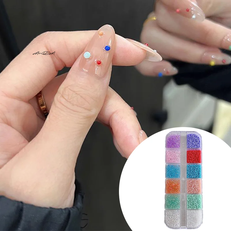 12 przegródek/pudełko Ozdoby do paznokci 3D Kolorowe perły Okrągłe koraliki Biżuteria Manicure Rzemiosło Cyrkonie Akcesoria do dekoracji
